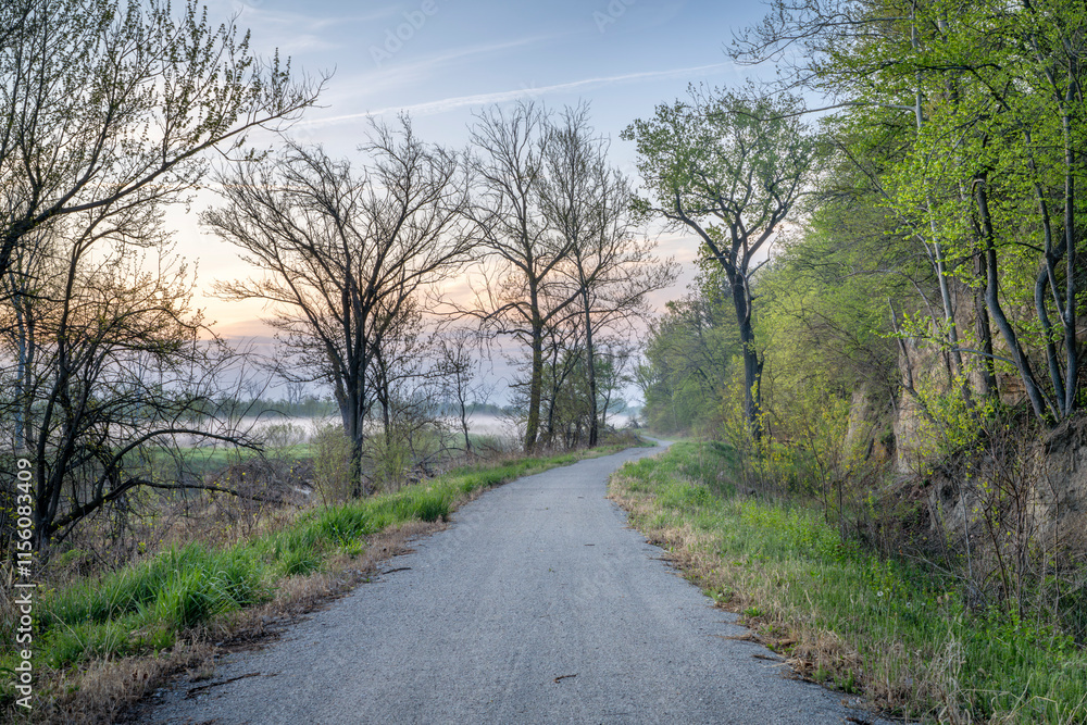 Steamboat Trace, bike trail converted from an abandoned railroad, near Peru, Nebraska, springtime morning scenery Steamboat Trace, bike trail converted from an abandoned railroad, near Peru, Nebraska, springtime morning scenery