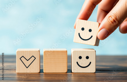 Person placing happy face wooden block. Customer satisfaction. Positive feedback. Client, employee satisfaction concept. Improve retention strategy. Business success. Good service, loyalty, photo