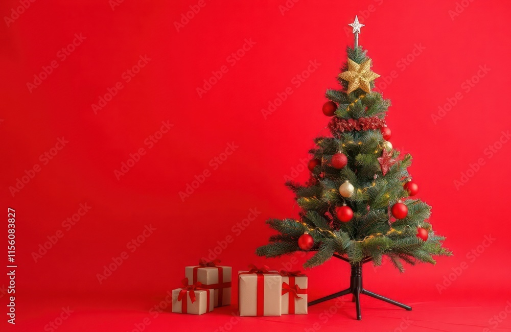 Christmas tree with decorations, twinkling fairy lights featured against solid red backdrop. Gifts wrapped in light brown paper with red ribbons placed at base of tree. Festive ambiance created. Christmas tree with decorations, twinkling fairy lights featured against solid red backdrop. Gifts wrapped in light brown paper with red ribbons placed at base of tree. Festive ambiance created.