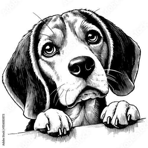 Hand drawn cute peeking Beagle portrait, vector sketch isolated on white background, SVG vector