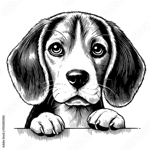 Hand drawn cute peeking Beagle portrait, vector sketch isolated on white background, SVG vector