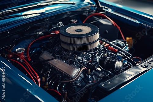 Detailed close up of car engine with open hood  highlighting air filter and cylinder head components photo