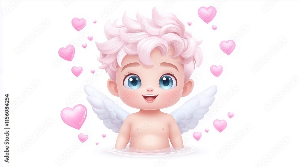 Cute cherubic baby with wings and heart motif on white background Cute cherubic baby with wings and heart motif on white background