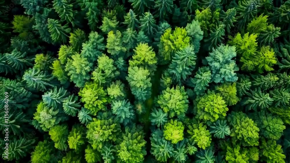 Aerial view of lush green forest, showing dense treetops. Aerial view of lush green forest, showing dense treetops.