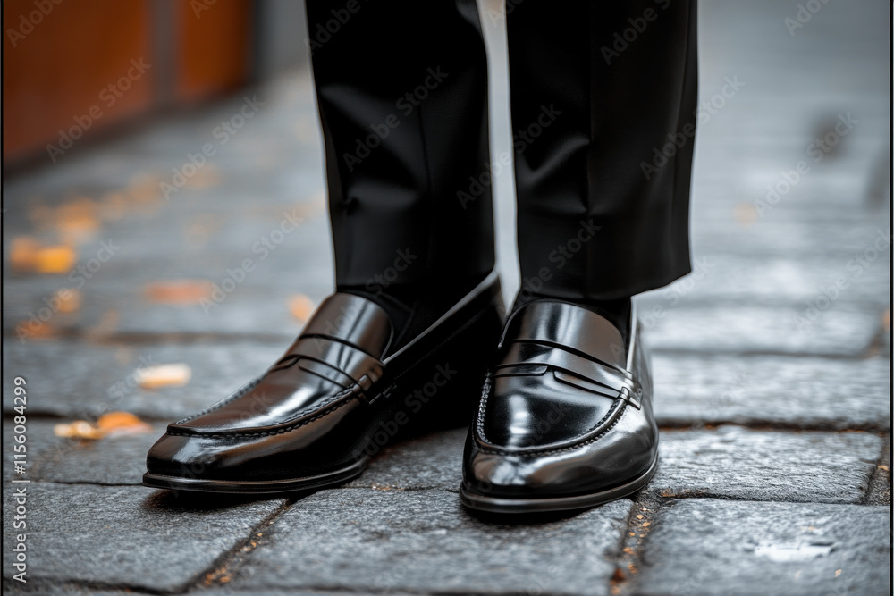 Man in black suit and shoes standing on sidewalk, looking at smartphone with focused expression, surrounded by bustling city street scene. Man in black suit and shoes standing on sidewalk, looking at smartphone with focused expression, surrounded by bustling city street scene.