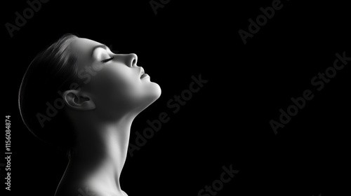 Serene profile of woman in black and white minimalist portrait on black background