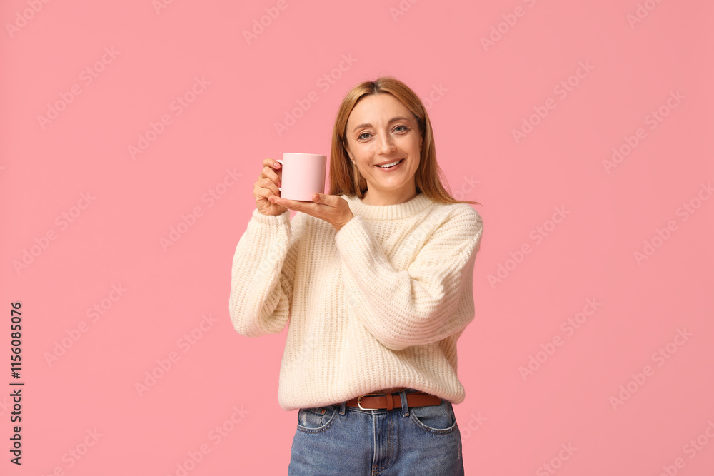 Beautiful mature woman in stylish white sweater with cup of tea on pink background Beautiful mature woman in stylish white sweater with cup of tea on pink background