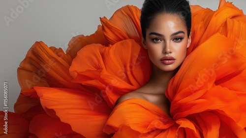 Elegant woman in flowing orange dress against neutral background