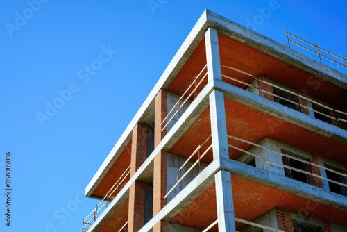 City Highrise Construction: Development of Apartment Building with Blue Balconies and Industrial Crane photo