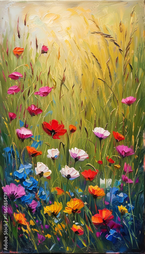 Fototapeta premium Vibrant blossoms dance under a golden sun in a lush meadow