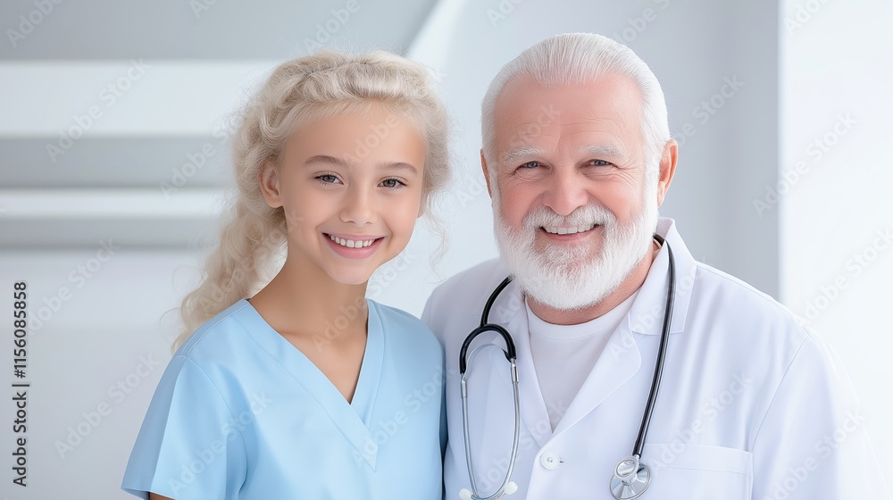 Smiling medical team: young nurse and experienced doctor in healthcare environment Smiling medical team: young nurse and experienced doctor in healthcare environment