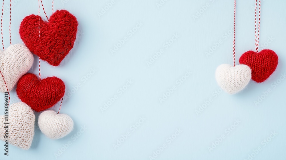 A charming arrangement of knitted hearts in red and white hanging against a soft blue background. Valentine’s Day decor and celebrations A charming arrangement of knitted hearts in red and white hanging against a soft blue background. Valentine’s Day decor and celebrations