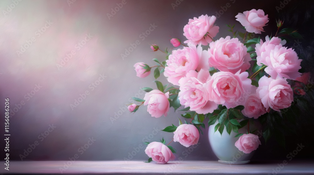 Fototapeta premium Elegant pink-petal bouquet in ceramic vase against soft palette