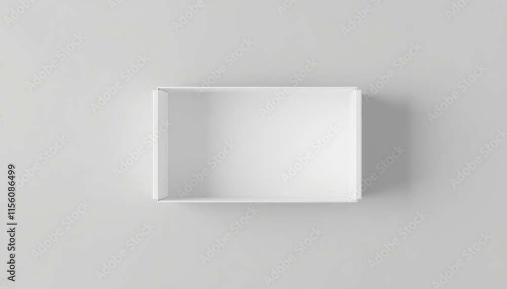 Empty white rectangular box mockup on gray background. Open, closed top view. 3D template for design purposes. Modern blank box. Ideal for product packaging design, branding, business presentation. Empty white rectangular box mockup on gray background. Open, closed top view. 3D template for design purposes. Modern blank box. Ideal for product packaging design, branding, business presentation.