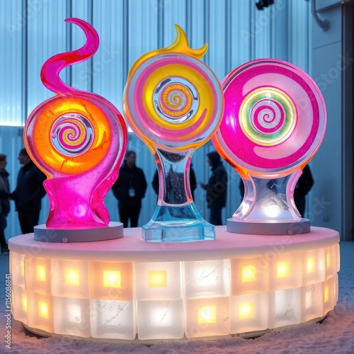 Colorful ice sculptures displayed on illuminated platform. Abstract shapes glow brightly. Modern art pieces. Winter holiday decor. Event party display. Creative design with vibrant colors. Elegant, photo