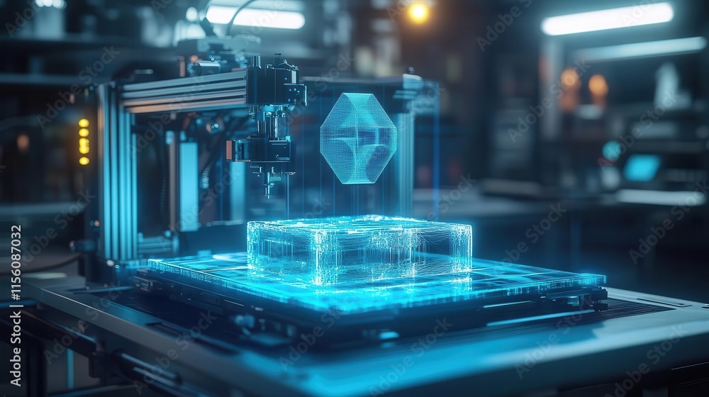 3D printing technology visualized with a hologram of the printed object floating above the printer, sleek workspace, glowing neon blue, sharp focus, tech aesthetic 3D printing technology visualized with a hologram of the printed object floating above the printer, sleek workspace, glowing neon blue, sharp focus, tech aesthetic