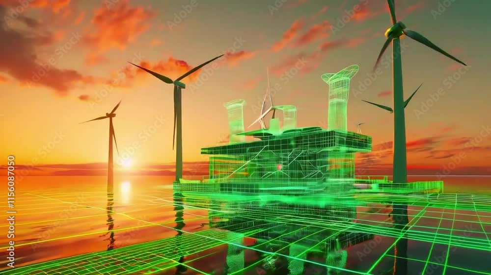 Offshore wind farm energy platform at sunset.