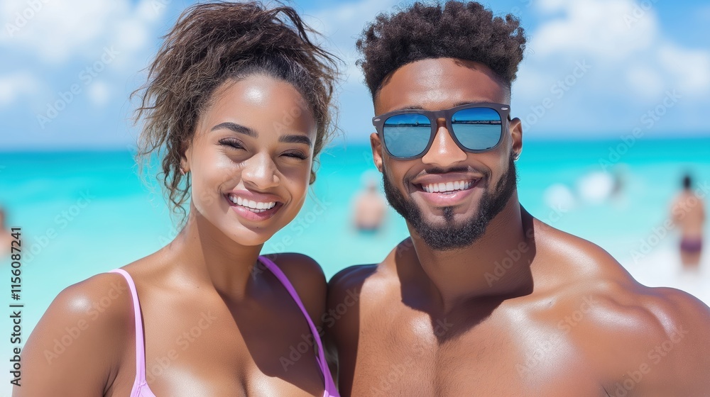 Happy couple enjoying a sunny beach day with bright smiles and clear blue skies Happy couple enjoying a sunny beach day with bright smiles and clear blue skies