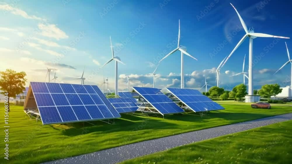Solar panels and wind turbines generate clean energy in a green field.