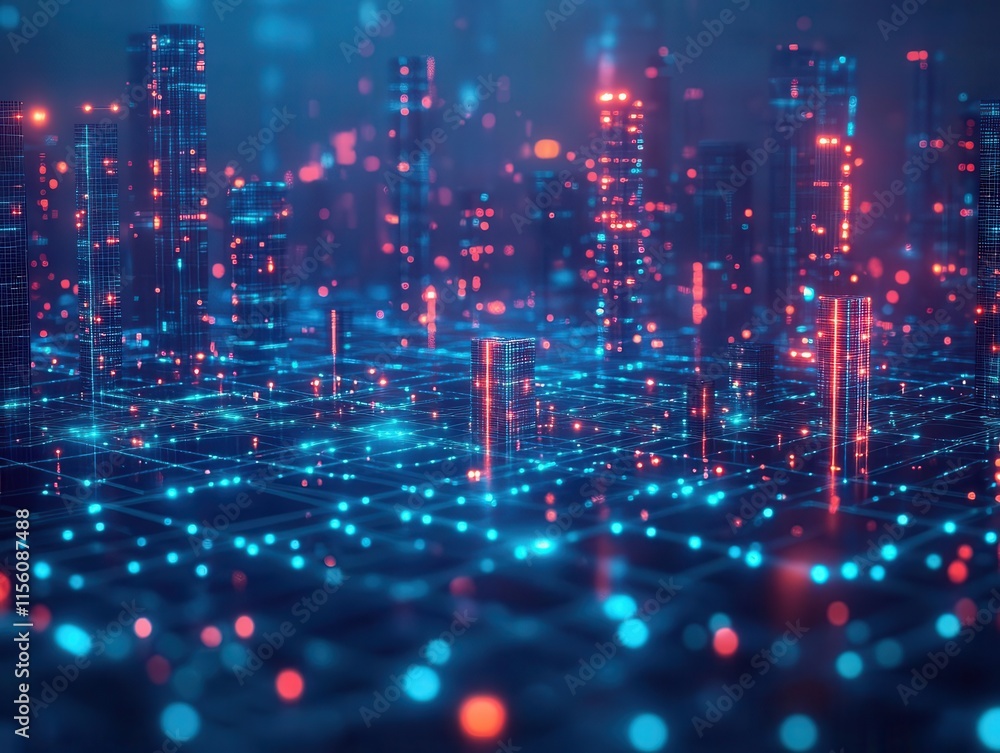 Blockchain network visualized as a holographic web over a digital cityscape, glowing blue lines, data blocks, futuristic tech aesthetic, digital artwork style Blockchain network visualized as a holographic web over a digital cityscape, glowing blue lines, data blocks, futuristic tech aesthetic, digital artwork style
