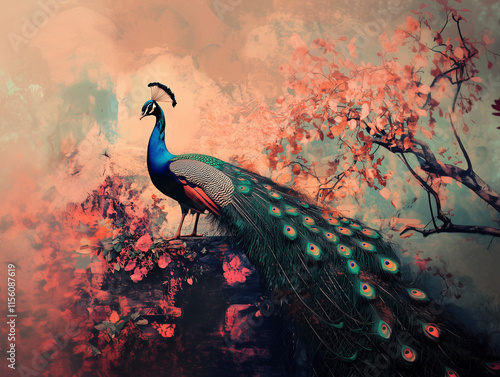 Peacock Digital Painting Tail Feathers Full Body Bird Pink Background Animal Colorful Wildlife 