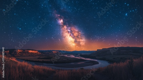 Cosmic River: A mesmerizing nightscape where the Milky Way galaxy explodes in vibrant color above a serene river winding through a dramatic landscape.  The stars twinkle brilliantly. photo