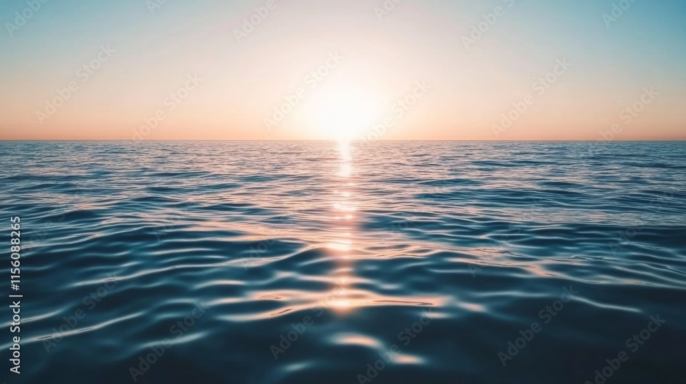 Obraz premium Serene Sunrise Over Calm Ocean Waters with Gentle Ripples Reflecting the Soft Light of Dawn Illuminating the Horizon in Tranquil Beauty