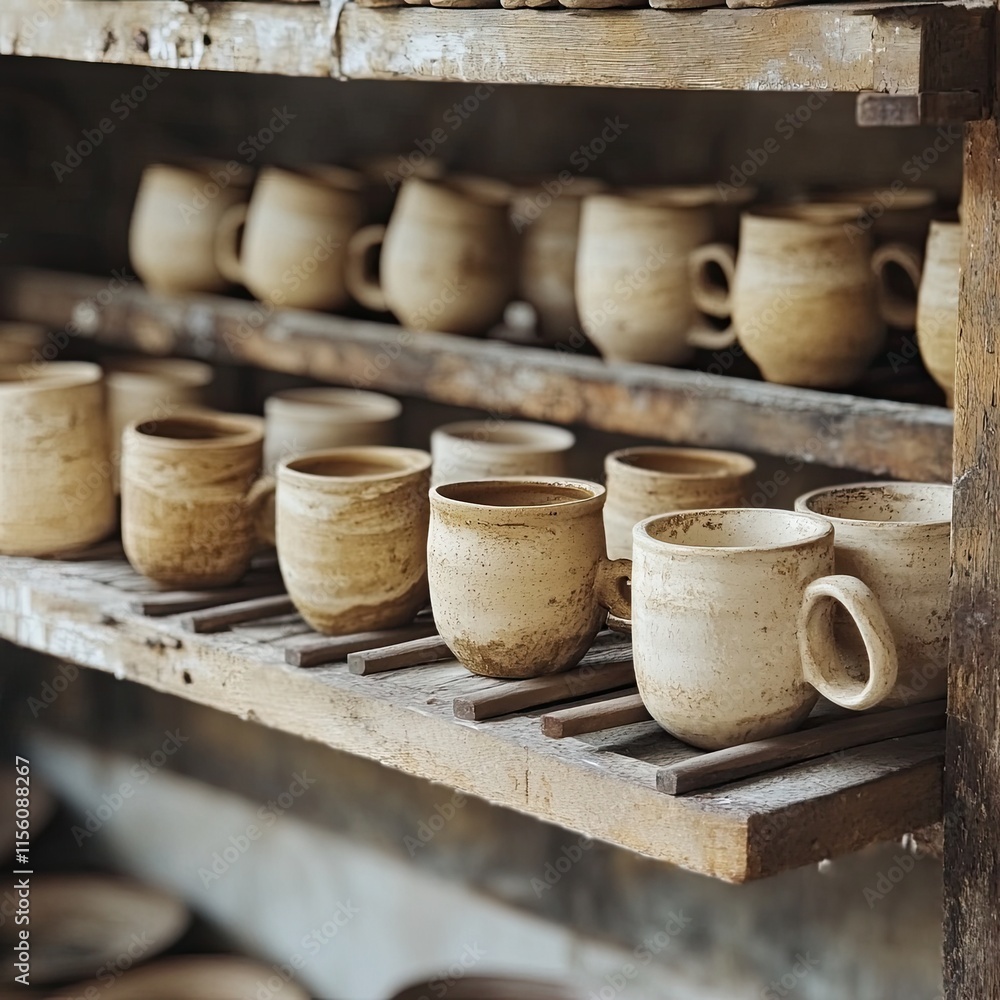 A shelf full of white ceramic cups A shelf full of white ceramic cups