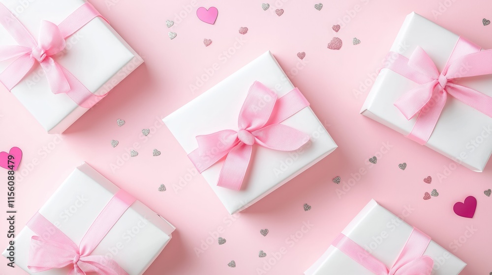 Elegant gifts with pink ribbons and heart confetti on pastel background Elegant gifts with pink ribbons and heart confetti on pastel background