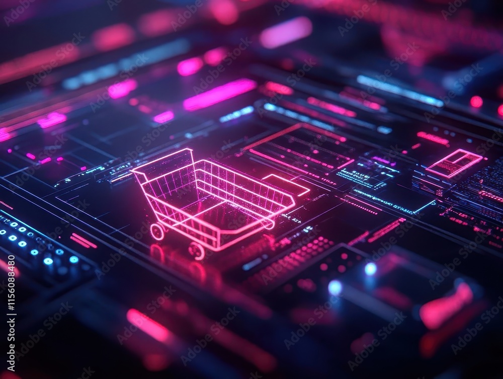 E-commerce platform visualized as a digital marketplace with floating holographic products, minimalistic interface, neon highlights, sleek and futuristic design E-commerce platform visualized as a digital marketplace with floating holographic products, minimalistic interface, neon highlights, sleek and futuristic design