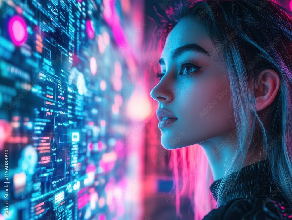 Fashion influencer content with digital holographic followers and likes floating around, sleek tech-driven environment, glowing neon highlights, sharp aesthetic Fashion influencer content with digital holographic followers and likes floating around, sleek tech-driven environment, glowing neon highlights, sharp aesthetic