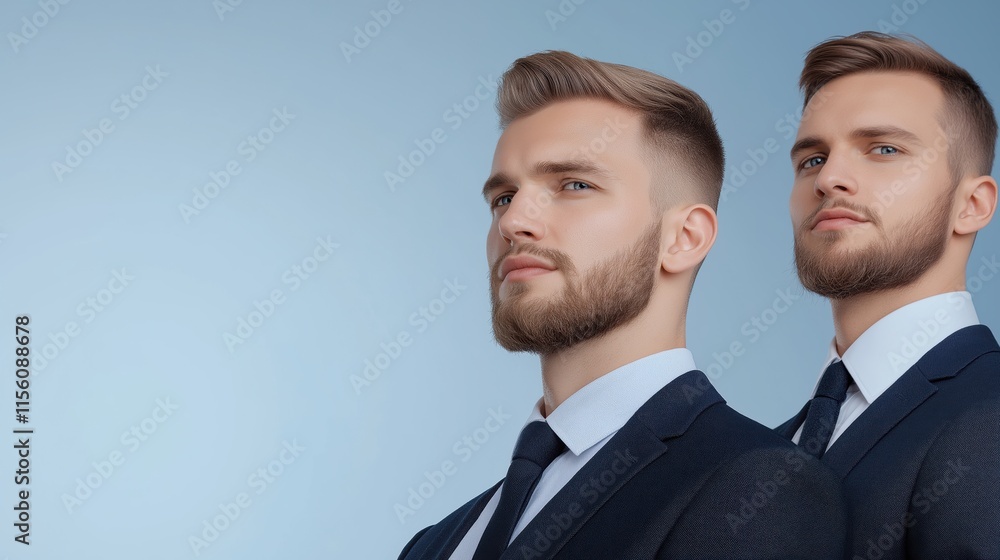 Confident young businessmen in formal suits posing against blue gradient background Confident young businessmen in formal suits posing against blue gradient background