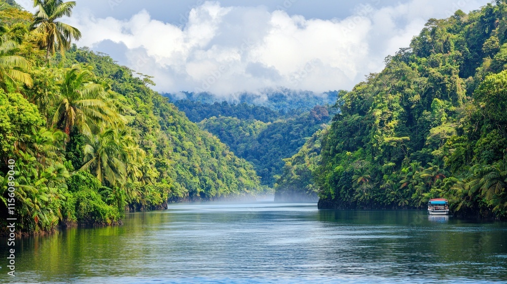 Lush green tropical river landscape with a small boat. Lush green tropical river landscape with a small boat.