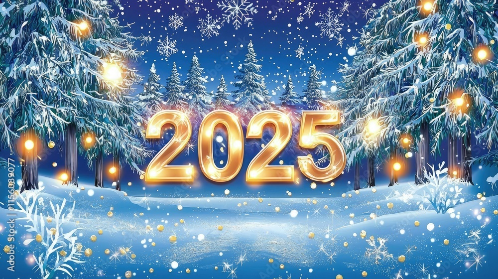 Glowing 2025 in snowy winter forest scene. Glowing 2025 in snowy winter forest scene.