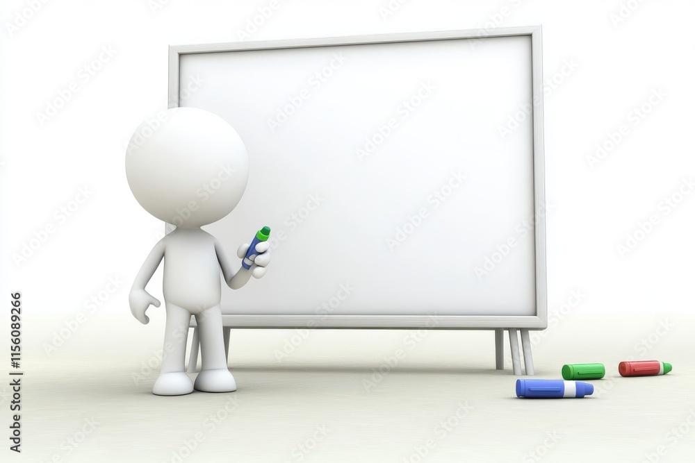 A 3D character holding a marker stands next to a blank whiteboard, ready to write or draw in a creative setting. A 3D character holding a marker stands next to a blank whiteboard, ready to write or draw in a creative setting.