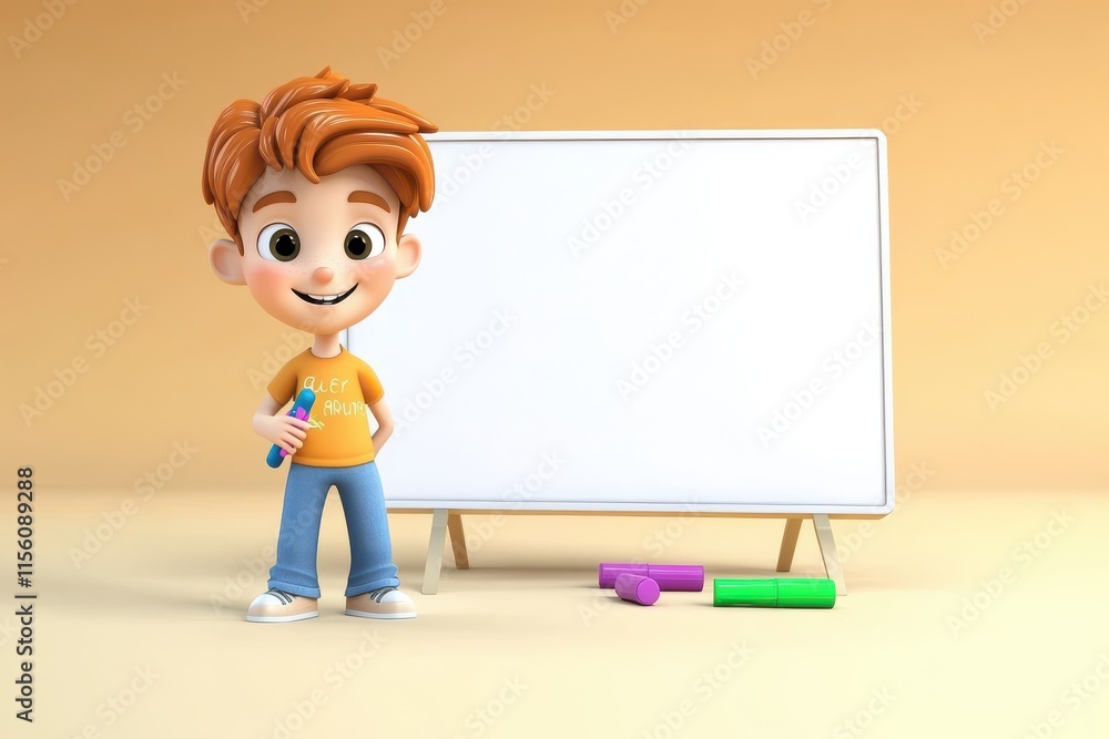 Cheerful young boy with orange hair stands beside a blank easel, ready to create art in a bright, colorful setting. Cheerful young boy with orange hair stands beside a blank easel, ready to create art in a bright, colorful setting.
