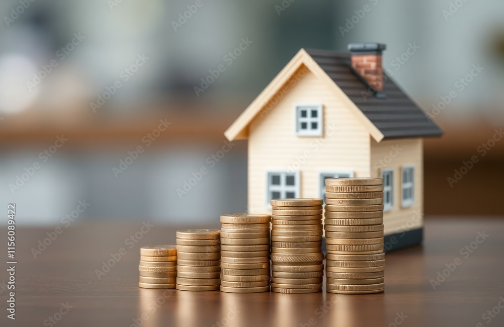 Stacks of coins grow towards miniature wooden house on table. Savings build for home purchase. Investment in property. Financial growth concept. Increase in capital for real estate. Buying home Stacks of coins grow towards miniature wooden house on table. Savings build for home purchase. Investment in property. Financial growth concept. Increase in capital for real estate. Buying home