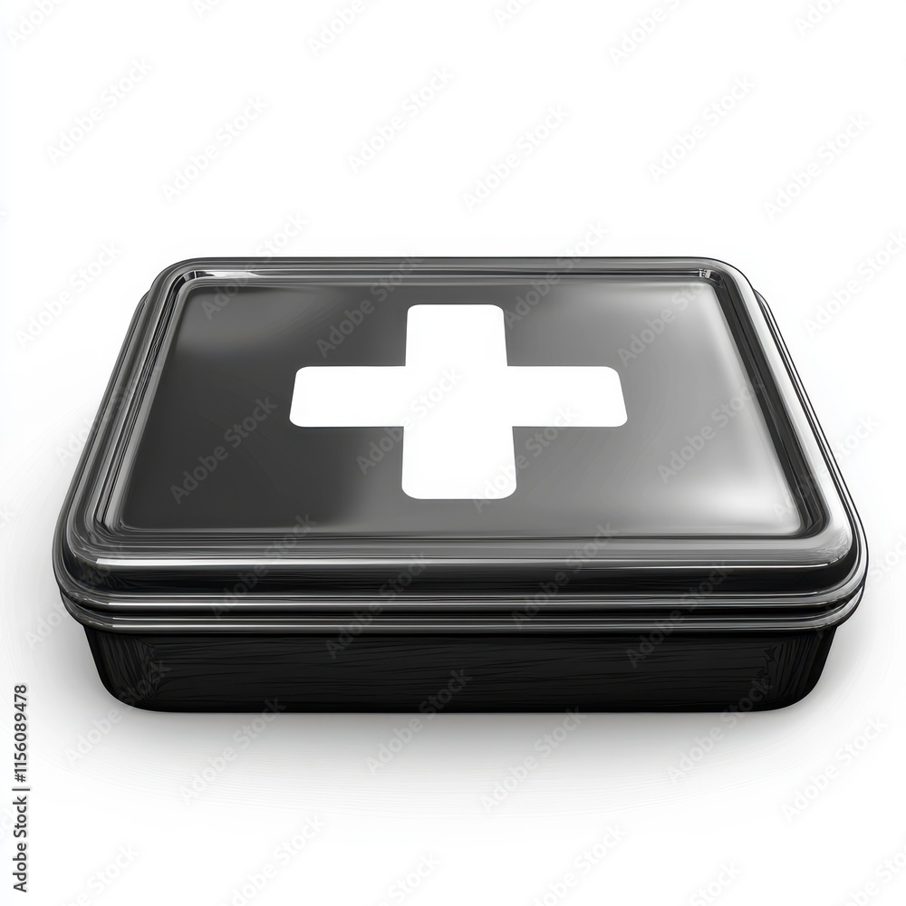 A sleek black first aid kit with a prominent white medical cross on its lid, symbolizing health and safety.