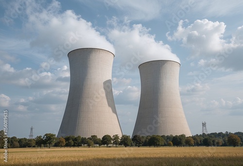 Nuclear power plant cooling towers emitting steam under a cloudy sky in a rural landscape. photo