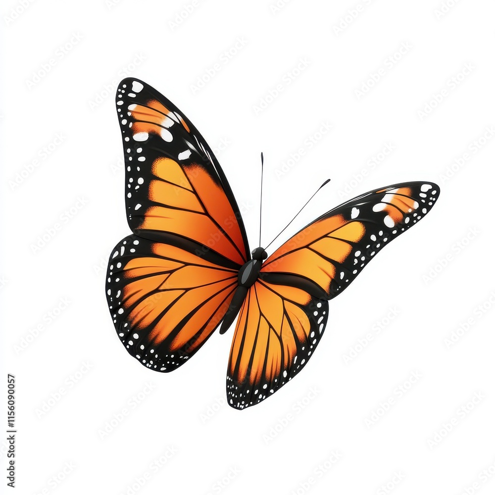Fototapeta premium A vibrant orange and black butterfly with intricate patterns, poised in a graceful flight against a white background.