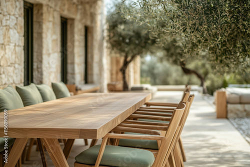 Outdoor dining area with modern wooden furniture in a garden photo