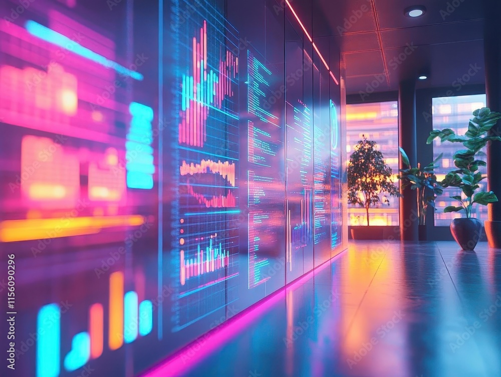 Fototapeta premium Startup pitch presentation with augmented reality charts and floating holograms, sleek office setting, neon accents, high-tech corporate feel, digital focus