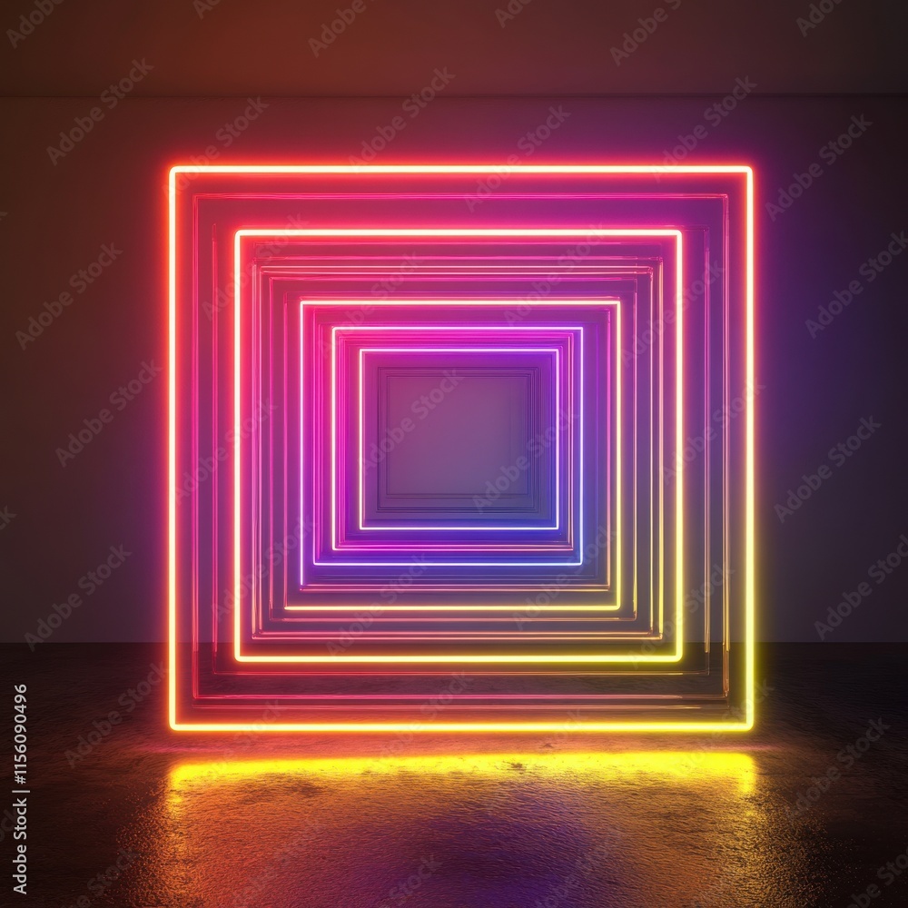 A vibrant display of concentric neon squares radiating colorful light in a dark setting, creating a mesmerizing mood. A vibrant display of concentric neon squares radiating colorful light in a dark setting, creating a mesmerizing mood.