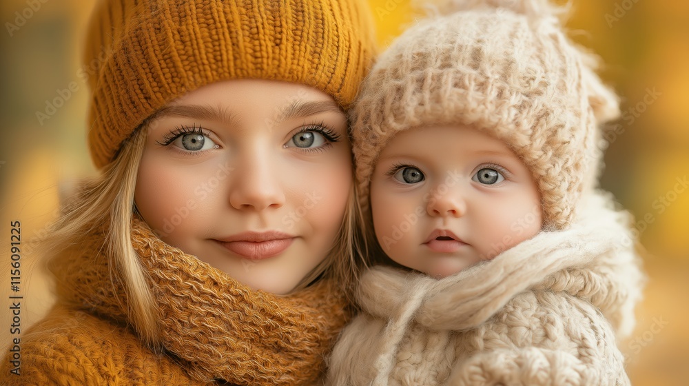 Mother and child in cozy knitted fashion embrace autumn's warmth Mother and child in cozy knitted fashion embrace autumn's warmth