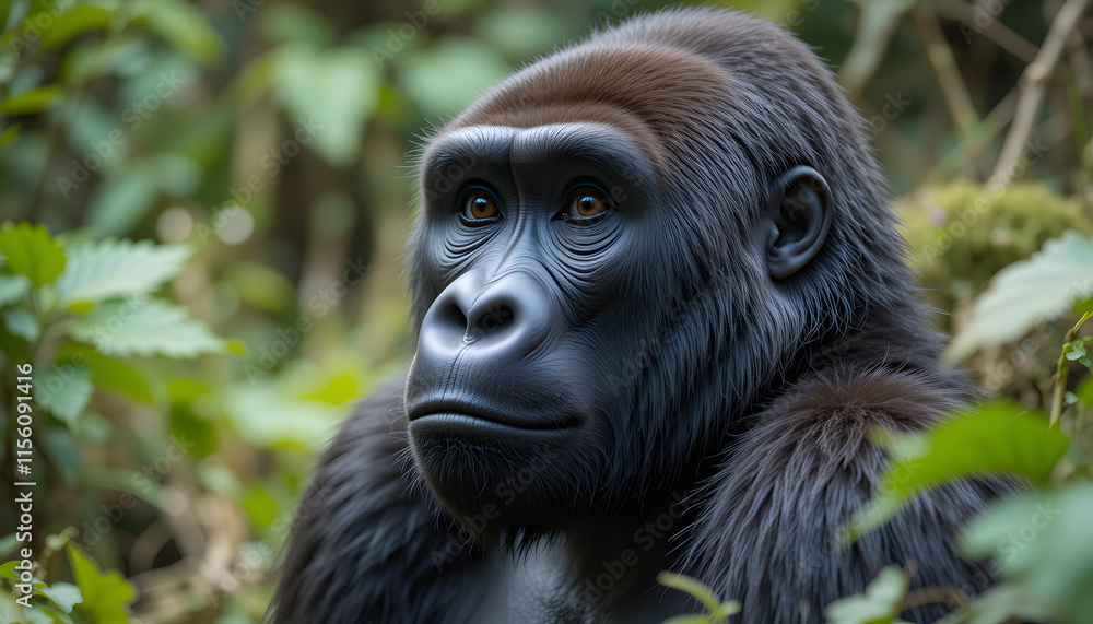 Obraz premium Close up of a wild mountain gorilla in its natural habitat, showcasing this rare and endangered species. The mountain gorilla, a big and charismatic creature, represents African wildlife.
