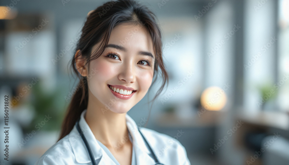 Portrait of Smiling Beautiful Young Korean Woman Doctor in White Coat against Blurred Office Background Portrait of Smiling Beautiful Young Korean Woman Doctor in White Coat against Blurred Office Background