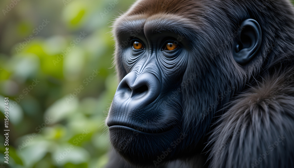 Fototapeta premium Close up of a wild mountain gorilla in its natural habitat, showcasing this rare and endangered species. The mountain gorilla, a big and charismatic creature, represents African wildlife.