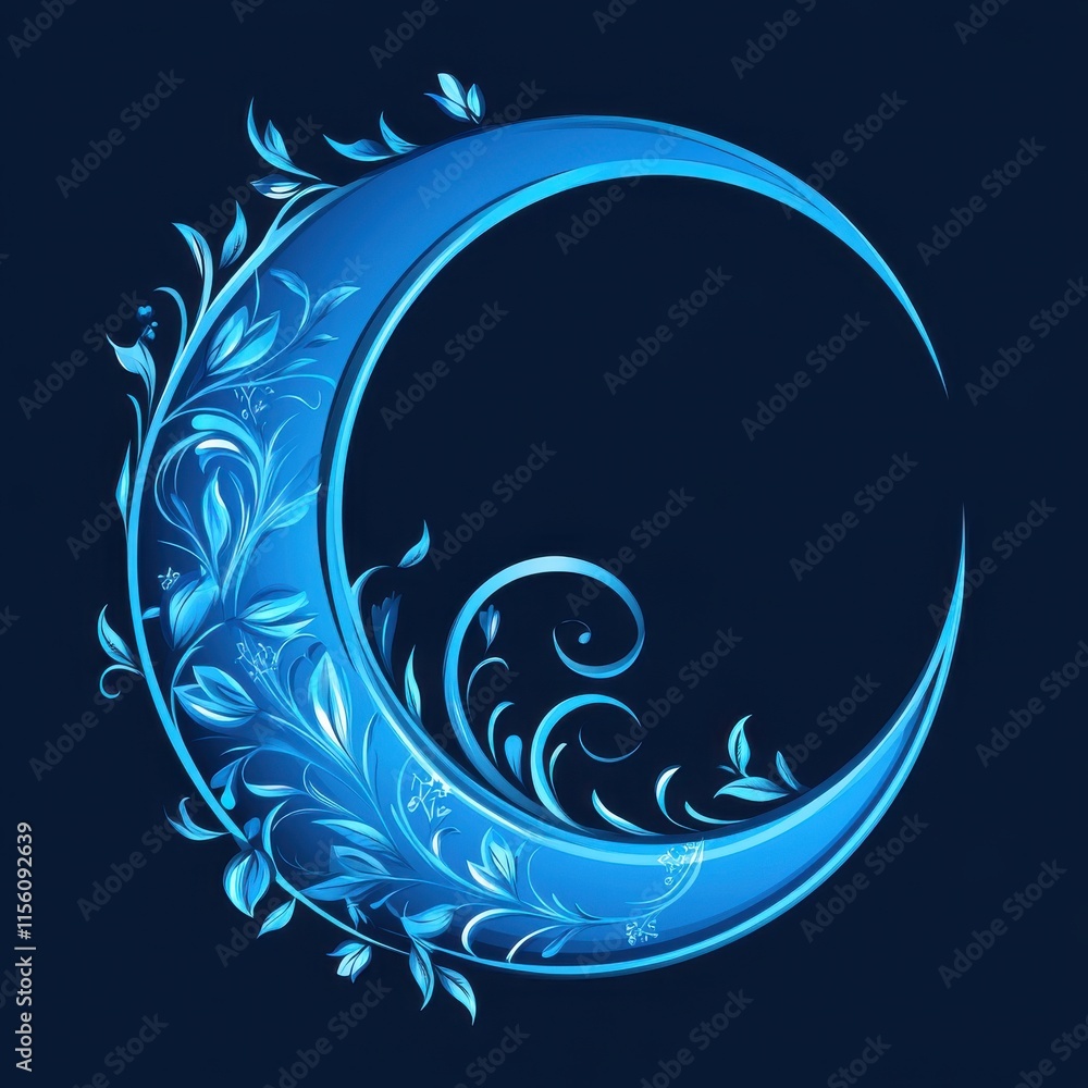 A beautifully crafted blue crescent moon adorned with intricate floral patterns against a dark backdrop. A beautifully crafted blue crescent moon adorned with intricate floral patterns against a dark backdrop.