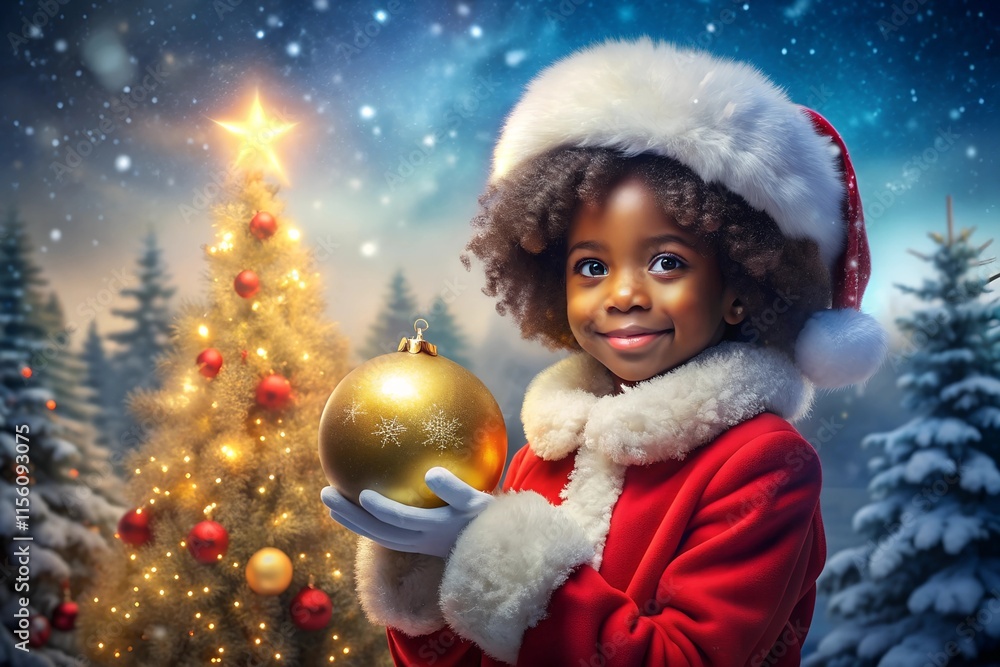 Anime girl congratulates on winter holidays_ African-American curly-haired girl in a red winter outfit, in a hat with a pompom and in white gloves, holds a large golden Christmas tree ball. Anime girl congratulates on winter holidays_ African-American curly-haired girl in a red winter outfit, in a hat with a pompom and in white gloves, holds a large golden Christmas tree ball.
