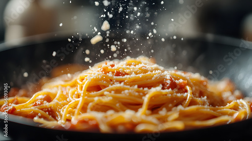 Steaming Spaghetti Twirling in Tomato Sauce Mid-Air photo